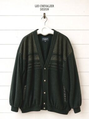 LEO CHEVALIER Black Khaki Leather Trim Cardigan Sweater Size 4XL
